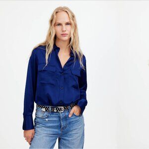 NWT Madewell Women's 100% Silk Flap Pocket Button Up shirt blouse deep cobalt